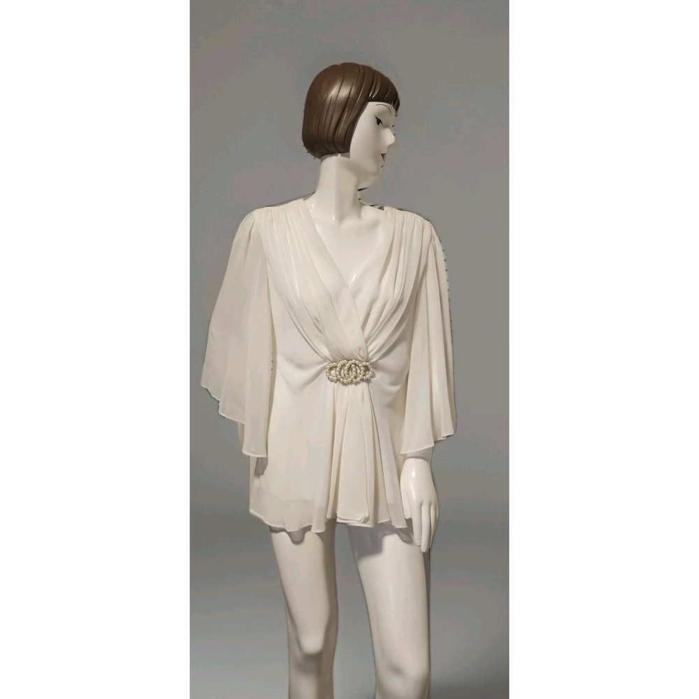 Connected Apparel Womens Fancy Bling Blouse Ivory V Neck Draped‎ Sleeve Sz12